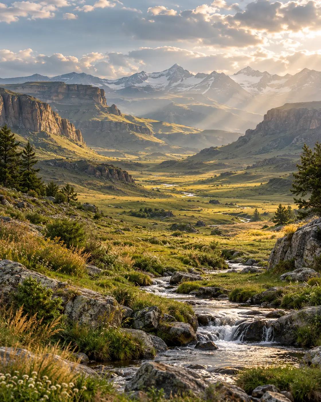 Sunlight over an imagined highland valley, alpine peaks, green meadows, and a clear mountain stream