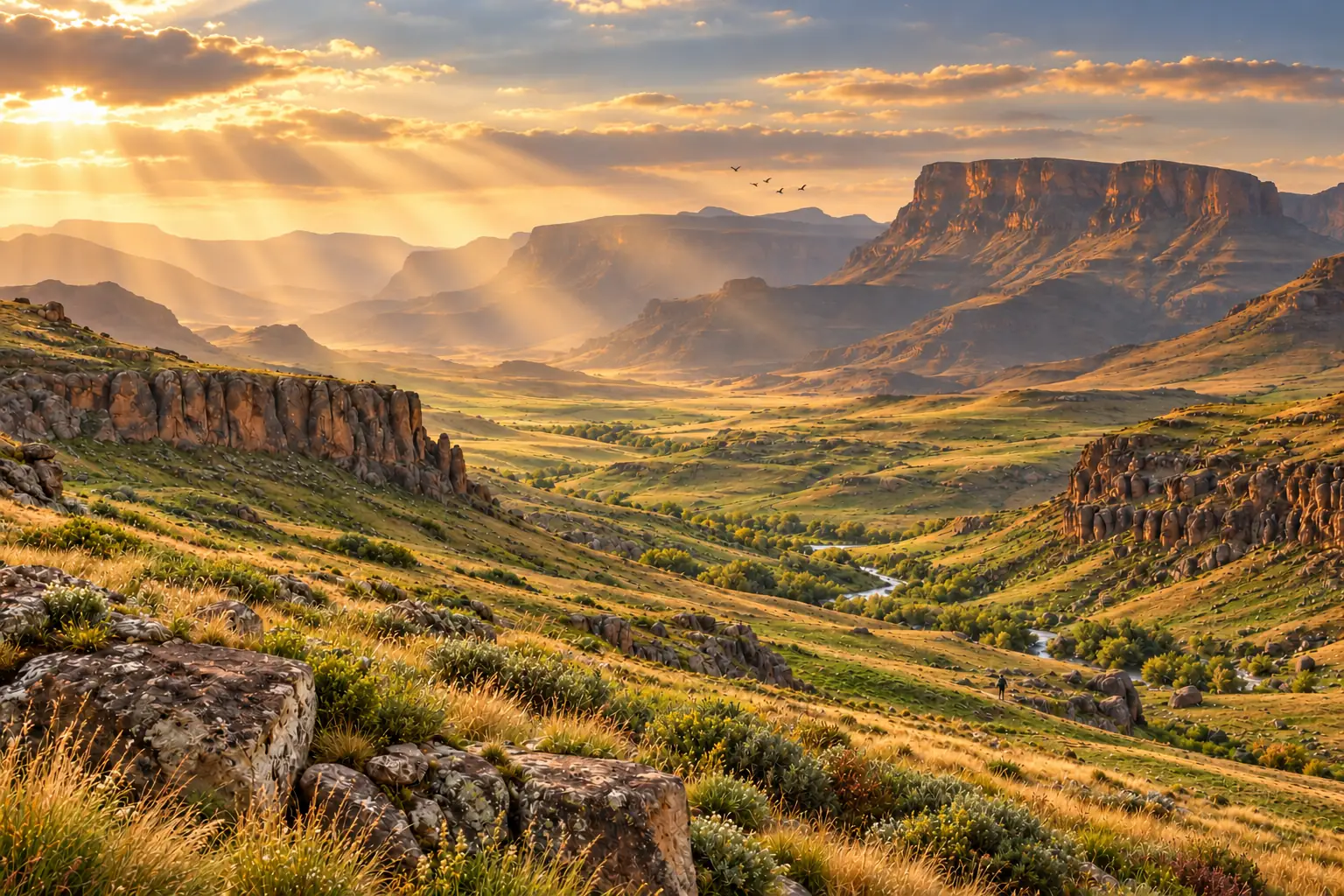 Green and golden highland valleys, a distant walker, birds, and sunlight rays, an artistic mountain landscape