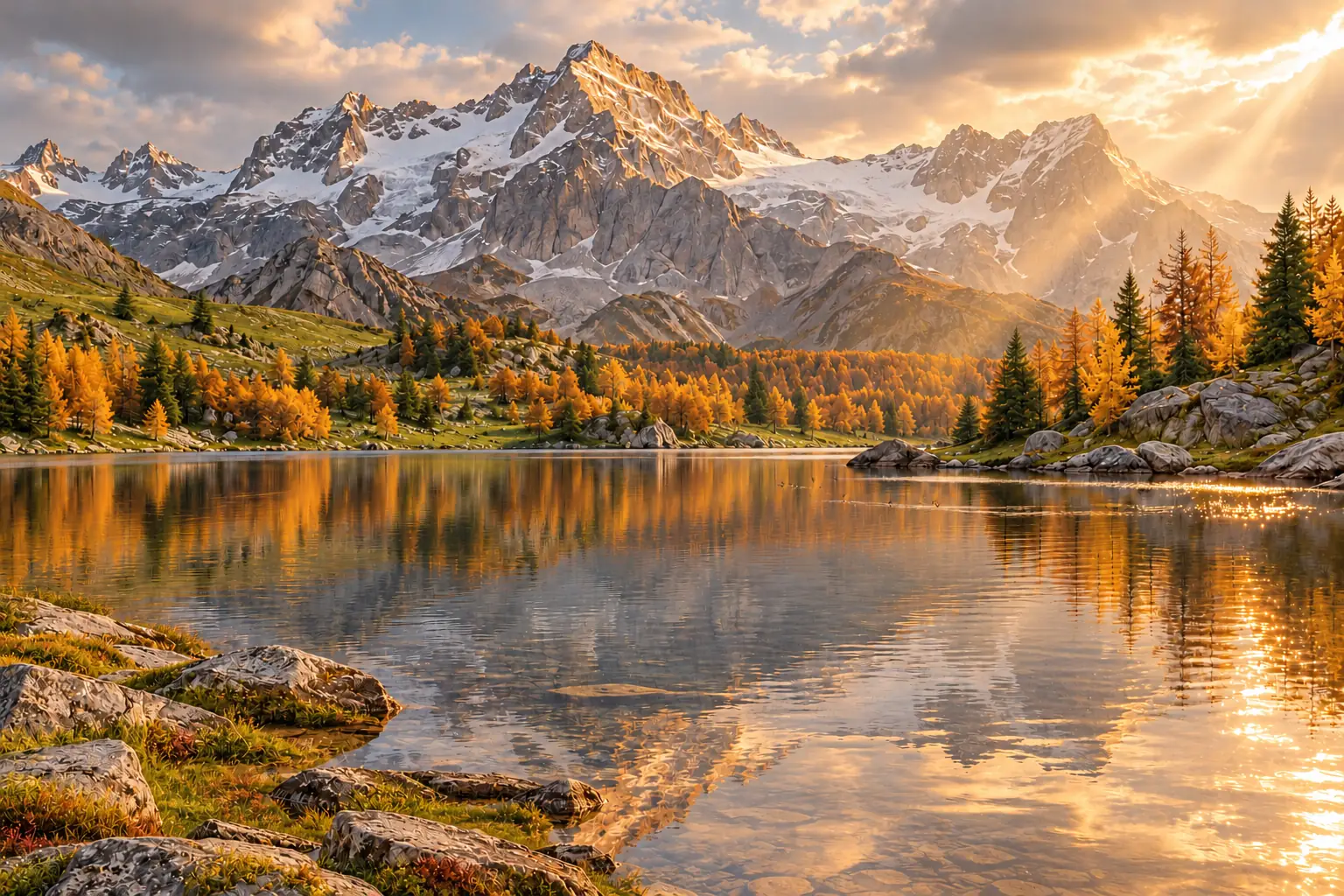 Sun rays illuminate green meadows, evergreens, autumn trees, and a rippling alpine lake, an artistic mountain landscape